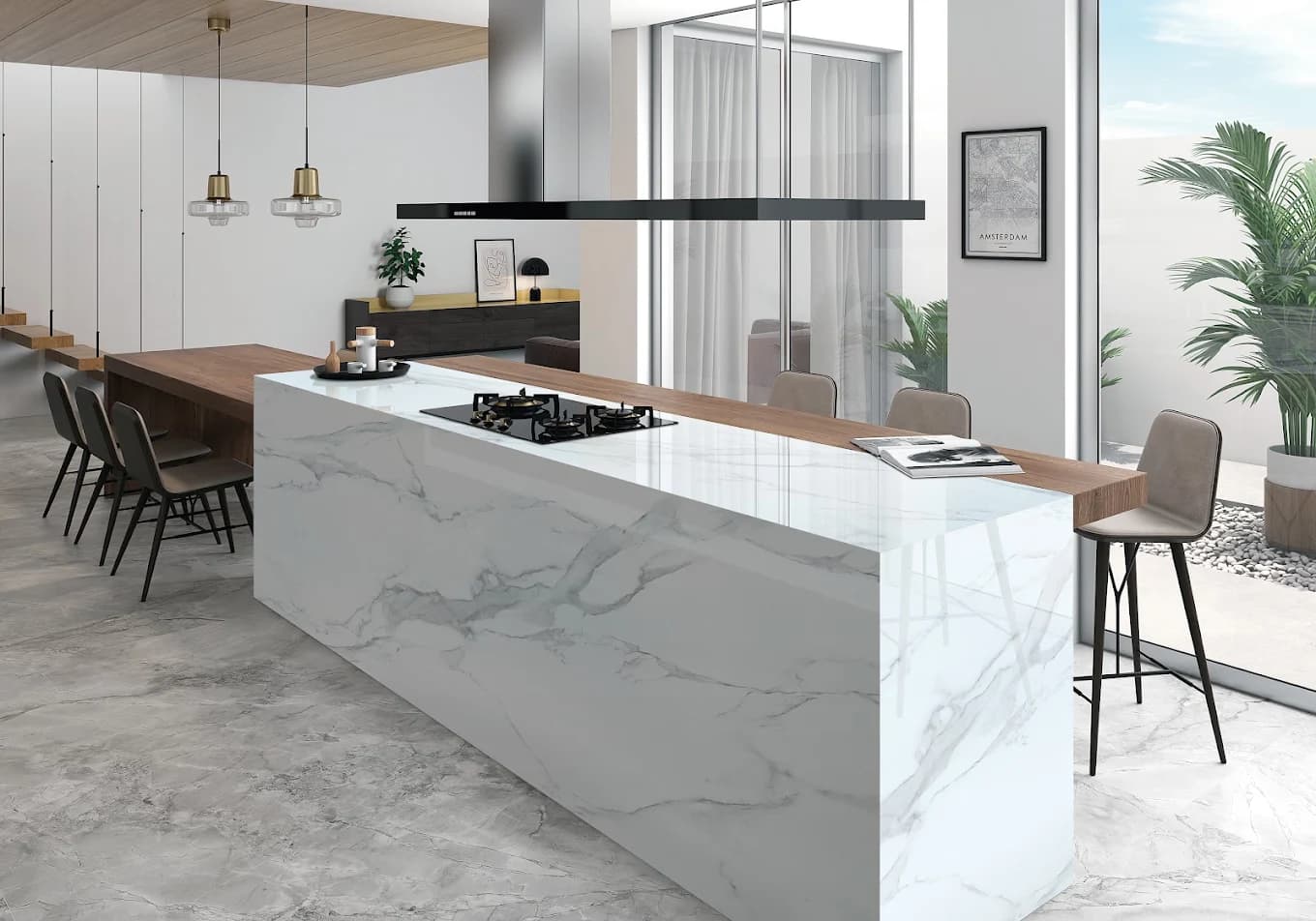 Calacatta waterfall island with wood dining extension — kitchen remodel design from H&E's Houston showroom collection