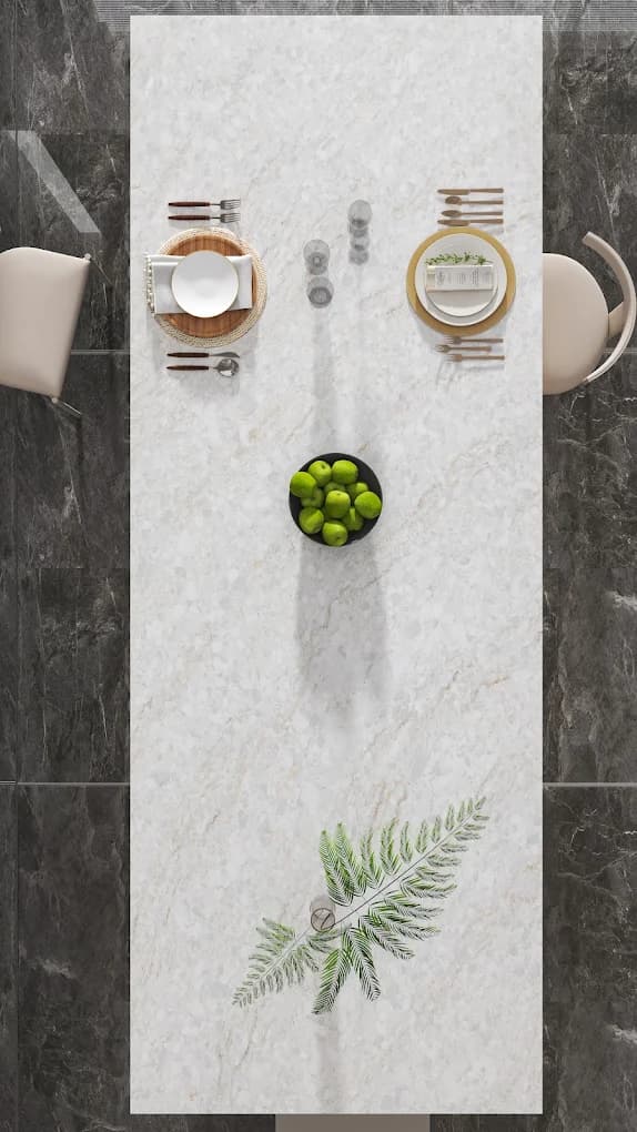 Crystalline white quartz surface detail at a set table — stone selection from H&E's Houston showroom collection